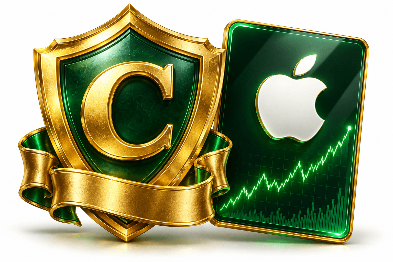 Gold captain shield beside an Apple stock card
