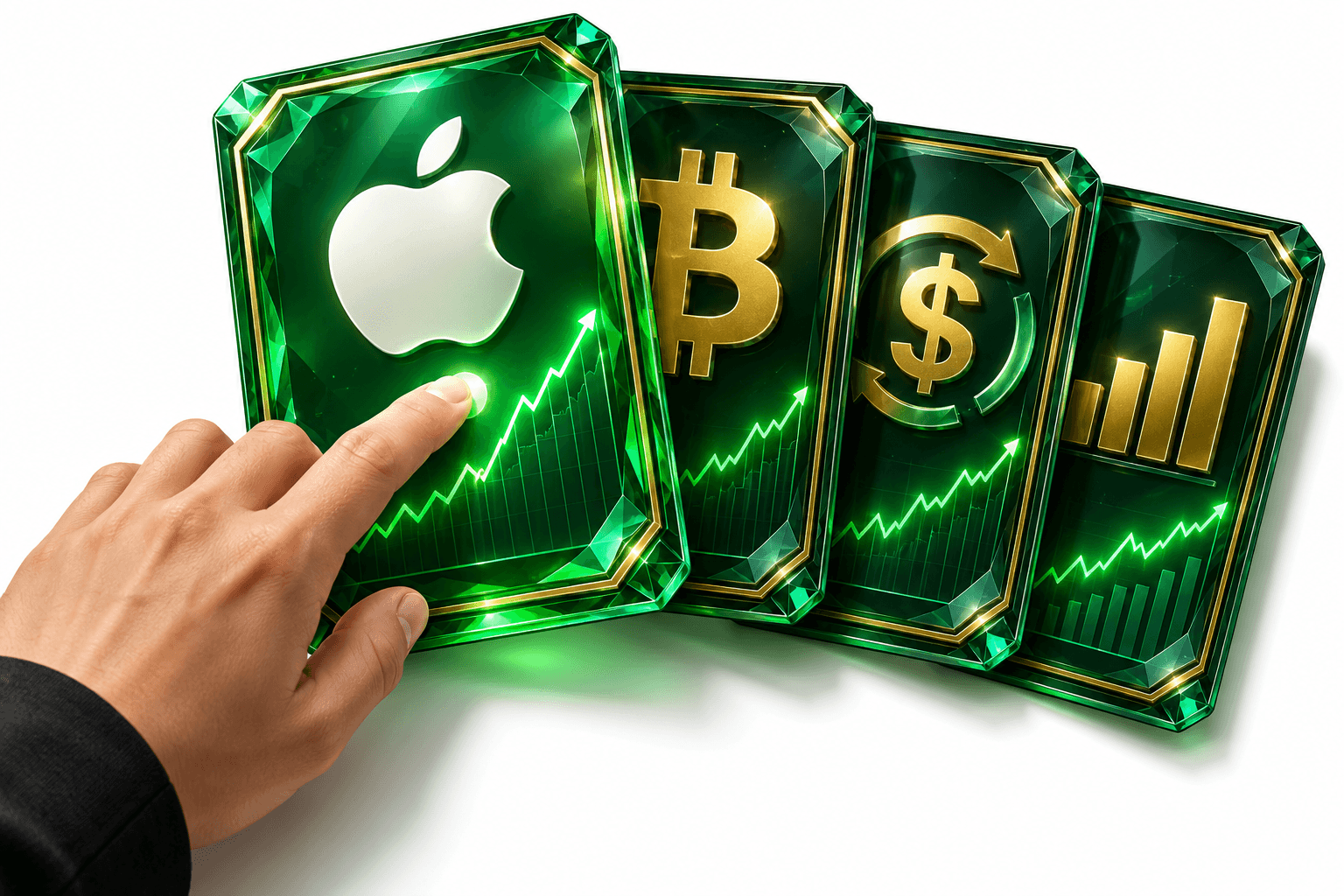 A hand selecting a stock card beside crypto, currency and ETF fund cards
