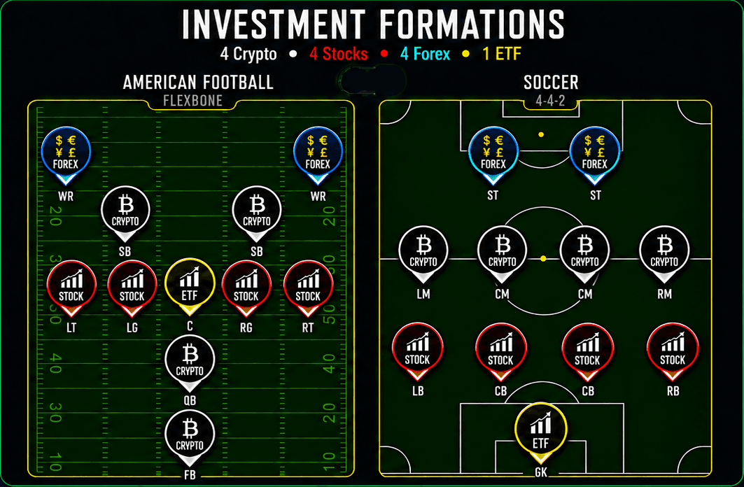 Investment formations showing Flexbone American football and 4-4-2 soccer market layouts
