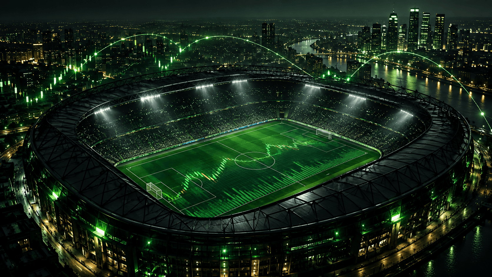 Floodlit football stadium with a green market chart across the pitch